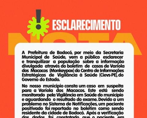 Nota sobre suposto caso de Varíola dos Macacos confirmado em Bodocó