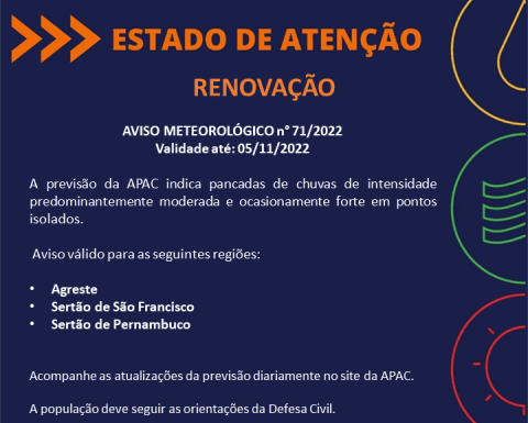 APAC prevê pancadas de chuva para as regiões do Agreste, Sertão do São Francisco e Sertão de Pernambuco