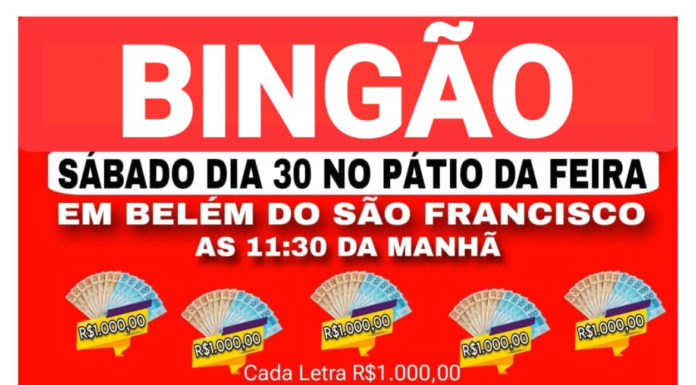 Próximo sábado (30) tem bingão ‘Especial de Fim de Ano’ em Belém do São Francisco!